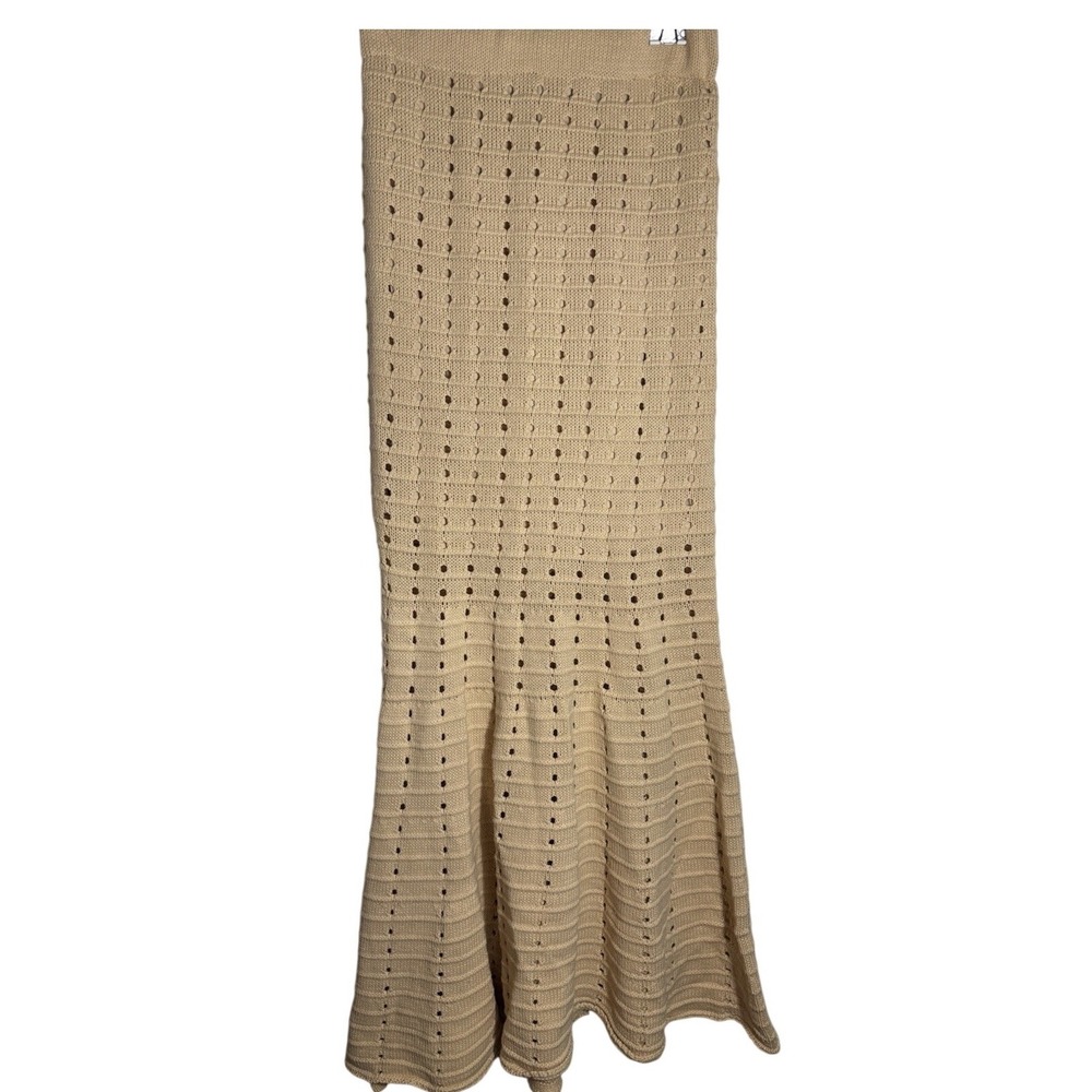 Fore Knitted Crochet Beige Maxi Skirt Size Small 100% Cotton Split up the Side